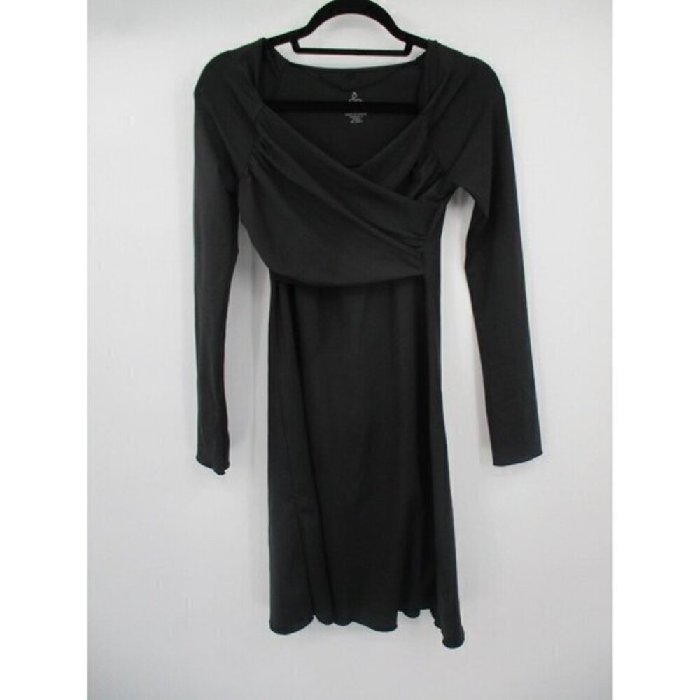 Prana Womens Dress XS Black Ruched Long Sleeves V Neck Casual Stretchy Knit